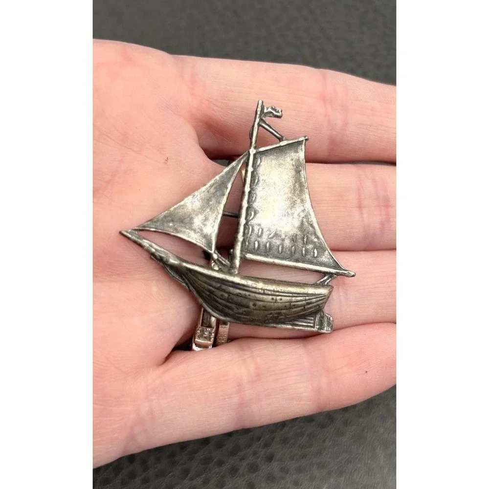 Vintage Sailboat Ship Brooch Nautical Ocean Beach Silver Plated